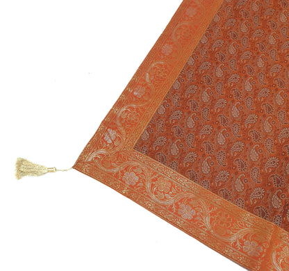 48"Square Banarasi Dining Table Top Cover Orange Indian Silk Woven Paisley Cloth