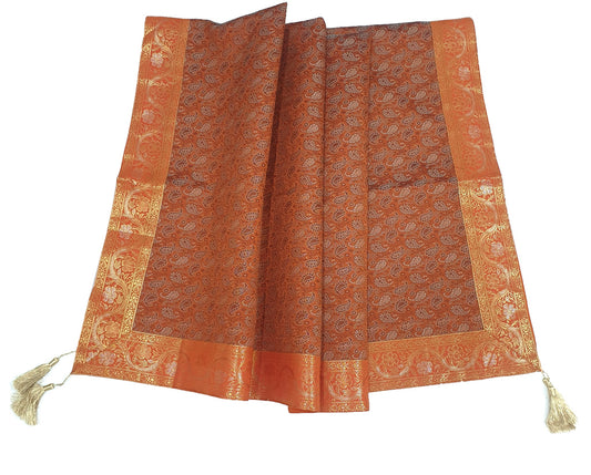 48"Square Banarasi Dining Table Top Cover Orange Indian Silk Woven Paisley Cloth