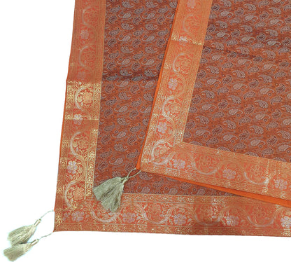 48"Square Banarasi Dining Table Top Cover Orange Indian Silk Woven Paisley Cloth