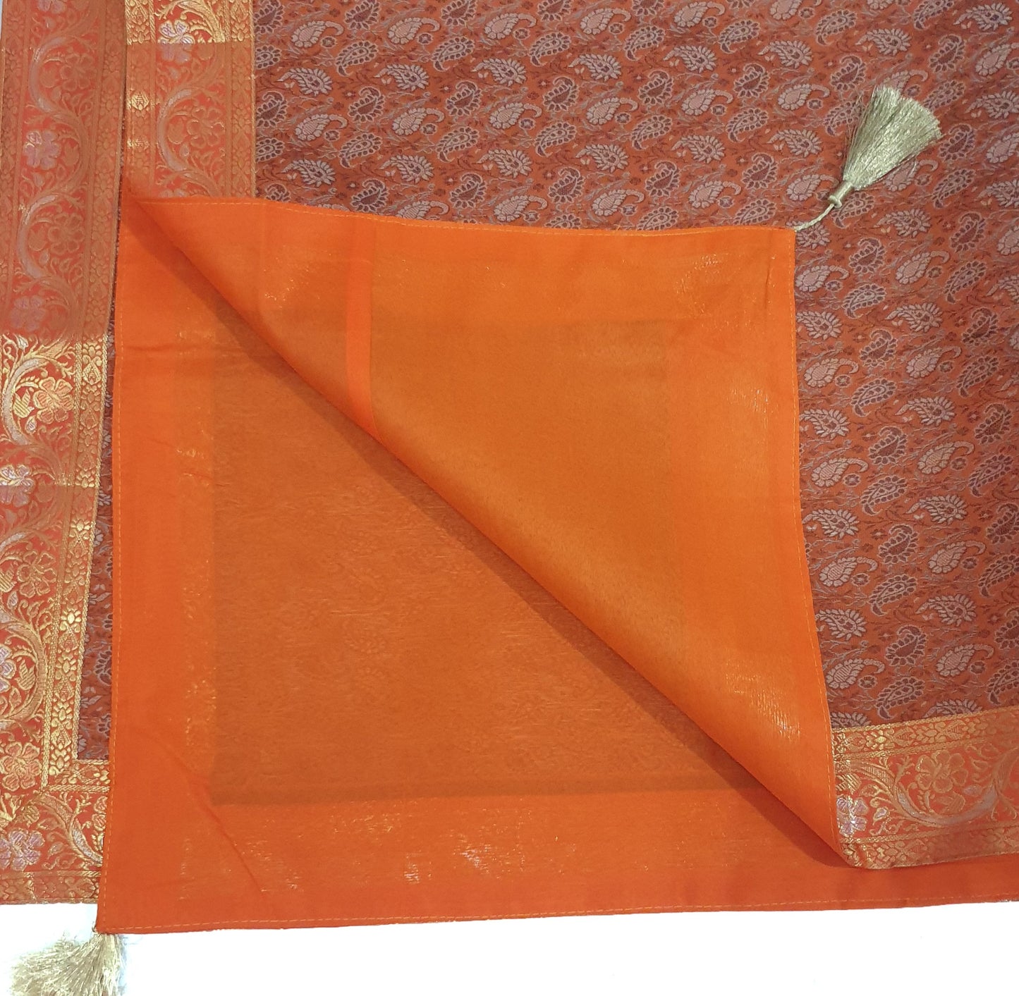 48"Square Banarasi Dining Table Top Cover Orange Indian Silk Woven Paisley Cloth