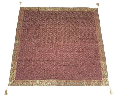 48" Square Banarasi Dining Table Top Cover Indian Silk Woven Paisley Wine Cloth