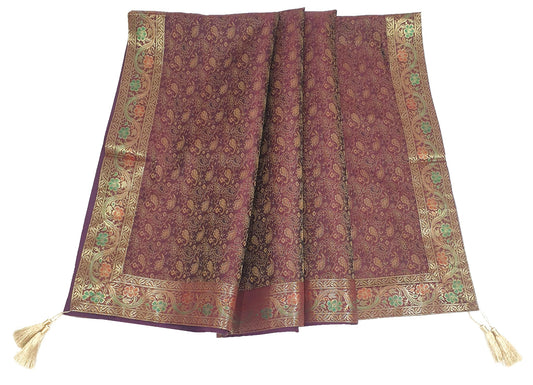 48" Square Banarasi Dining Table Top Cover Indian Silk Woven Paisley Wine Cloth