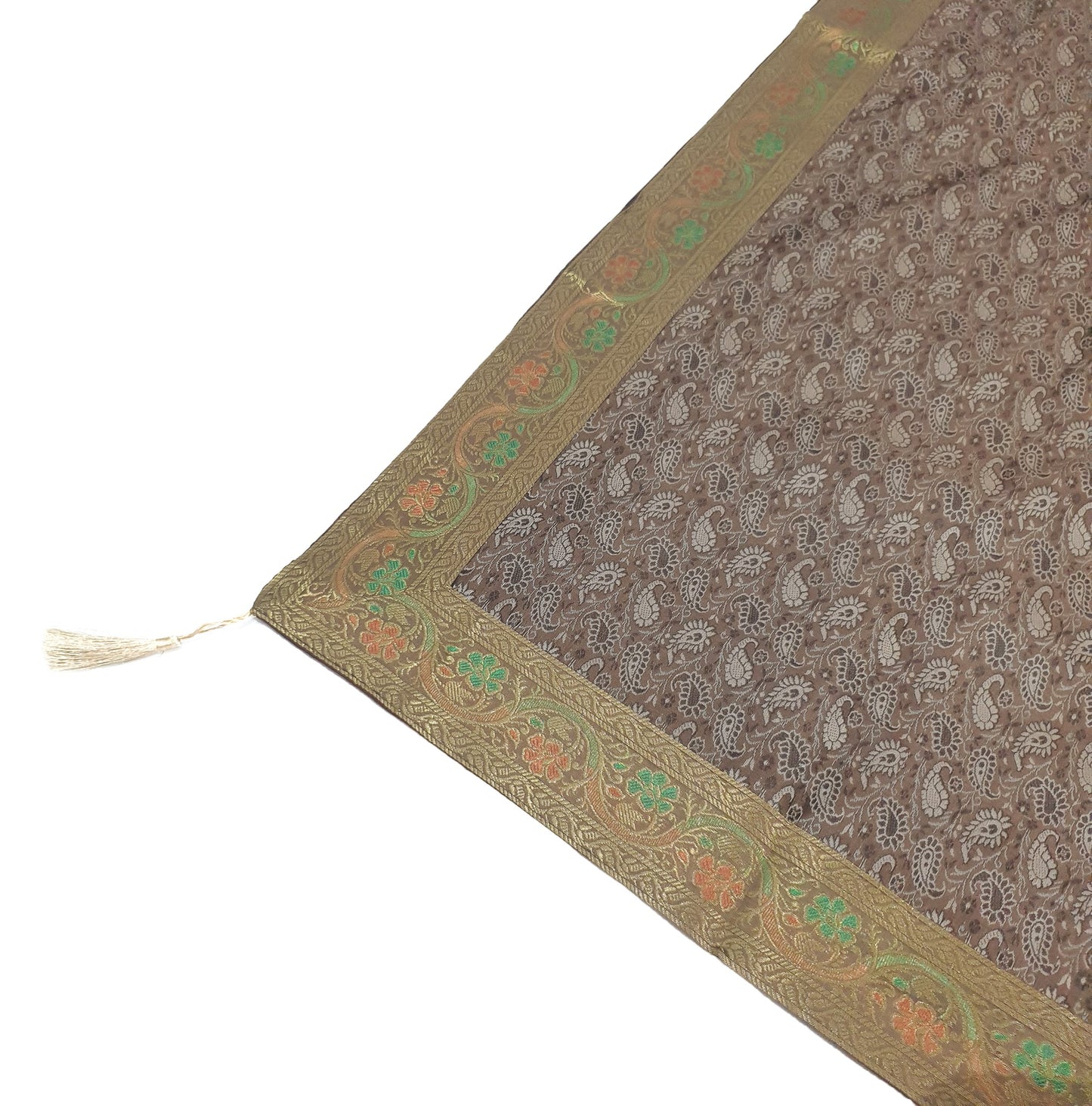 48" Square Banarasi Dining Table Top Cover Indian Silk Woven Paisley Brown Cloth