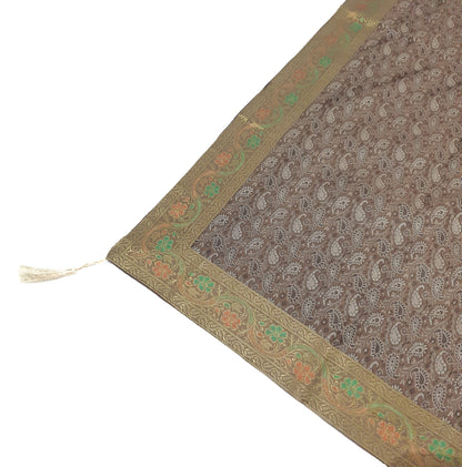 48" Square Banarasi Dining Table Top Cover Indian Silk Woven Paisley Brown Cloth