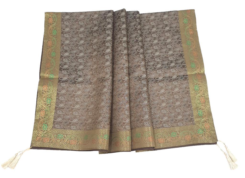 48" Square Banarasi Dining Table Top Cover Indian Silk Woven Paisley Brown Cloth