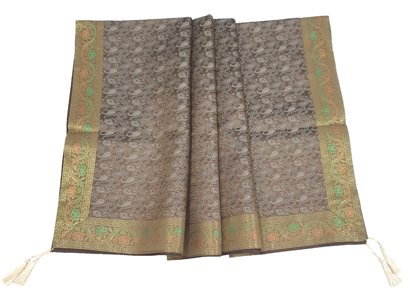 48" Square Banarasi Dining Table Top Cover Indian Silk Woven Paisley Brown Cloth