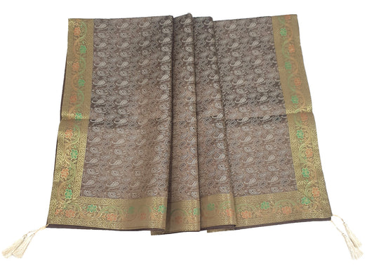 48" Square Banarasi Dining Table Top Cover Indian Silk Woven Paisley Brown Cloth