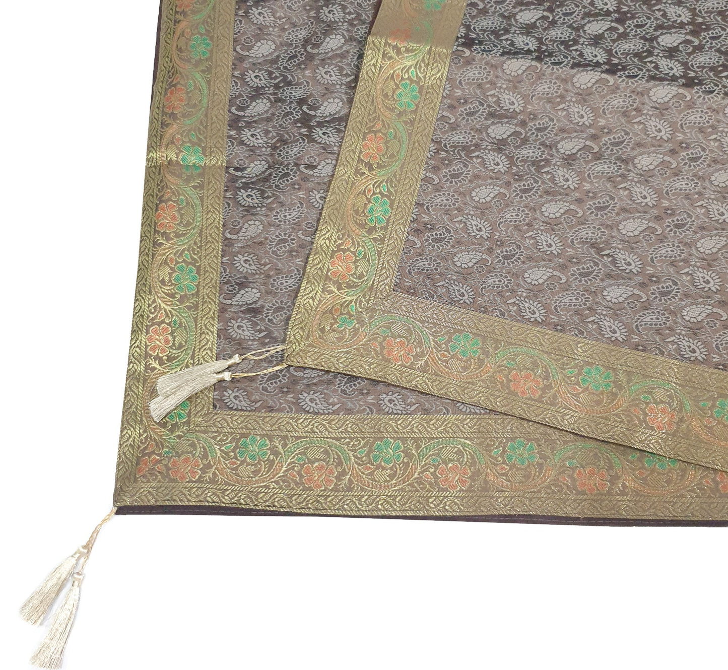 48" Square Banarasi Dining Table Top Cover Indian Silk Woven Paisley Brown Cloth