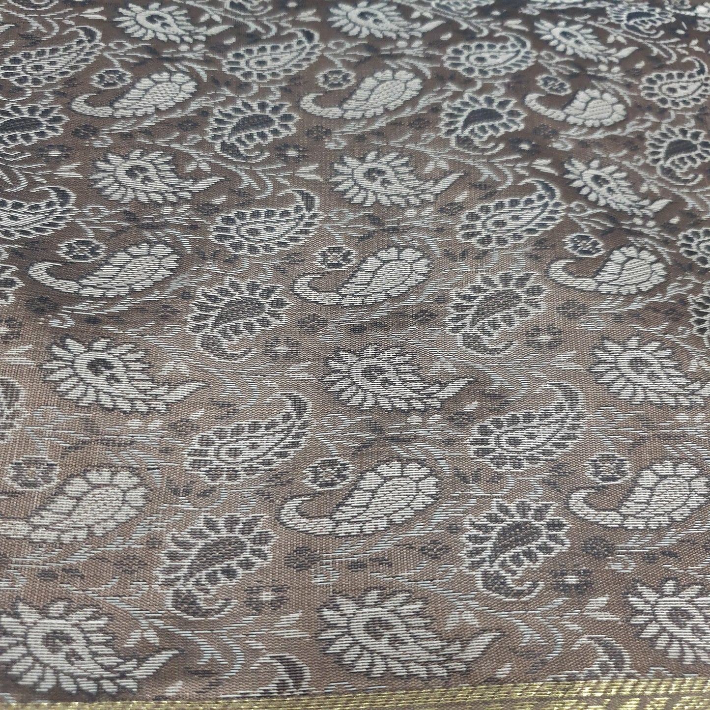 48" Square Banarasi Dining Table Top Cover Indian Silk Woven Paisley Brown Cloth