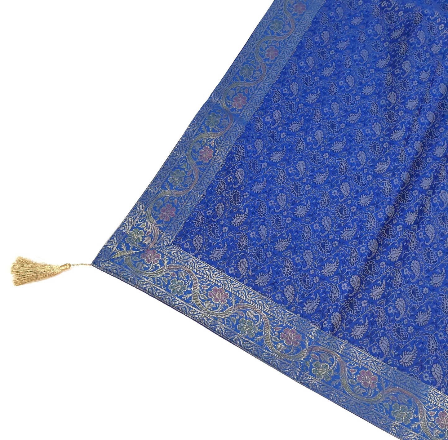 48"Square Banarasi Dining Table Top Cover Blue Indian Silk Woven Paisley Cloth