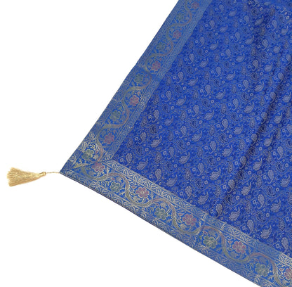 48"Square Banarasi Dining Table Top Cover Blue Indian Silk Woven Paisley Cloth