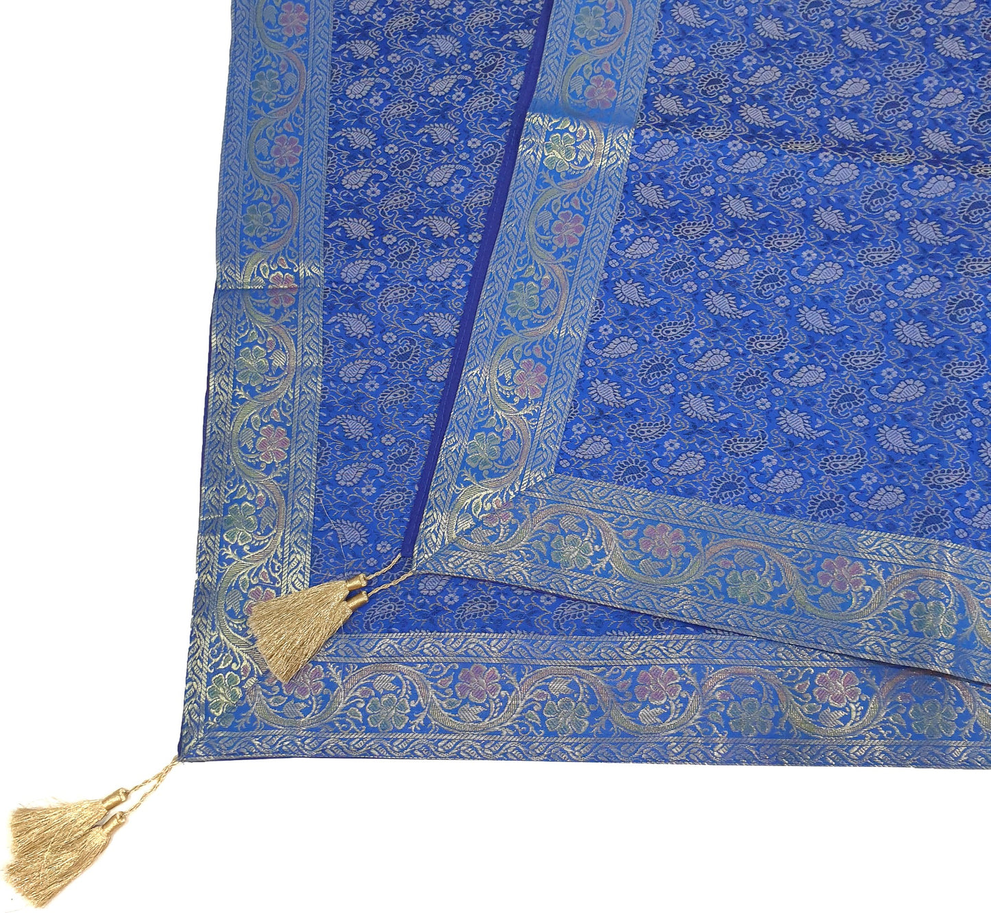 48"Square Banarasi Dining Table Top Cover Blue Indian Silk Woven Paisley Cloth