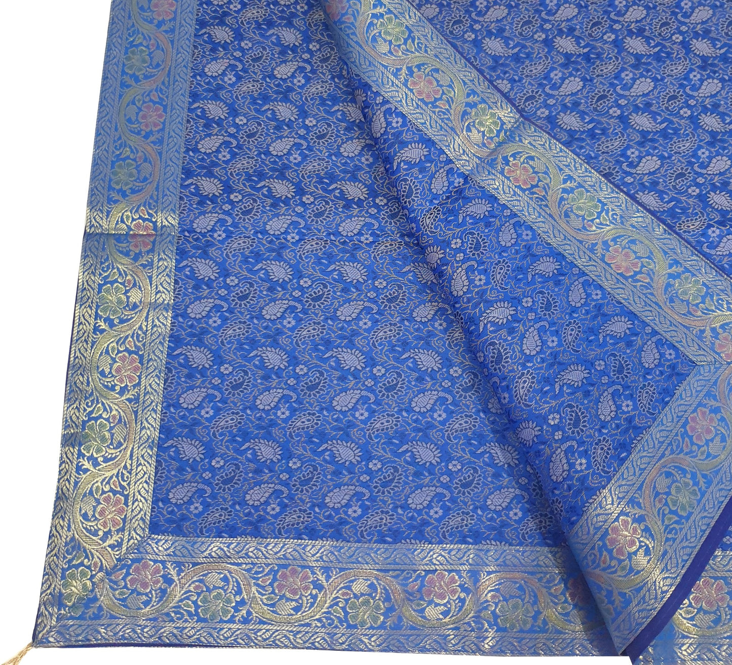 48"Square Banarasi Dining Table Top Cover Blue Indian Silk Woven Paisley Cloth