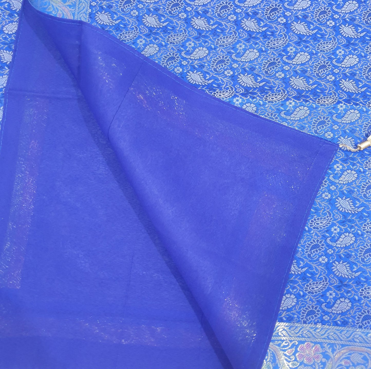 48"Square Banarasi Dining Table Top Cover Blue Indian Silk Woven Paisley Cloth