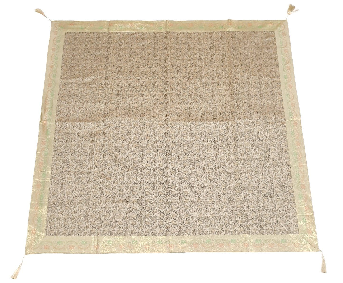 48"Square Banarasi Dining Table Top Cover Beige Indian Silk Woven Paisley Cloth