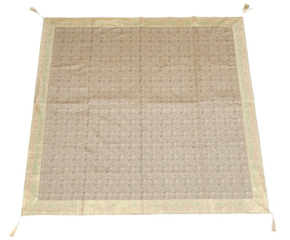 48"Square Banarasi Dining Table Top Cover Beige Indian Silk Woven Paisley Cloth