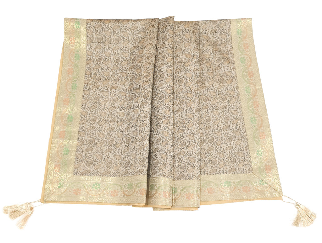 48"Square Banarasi Dining Table Top Cover Beige Indian Silk Woven Paisley Cloth