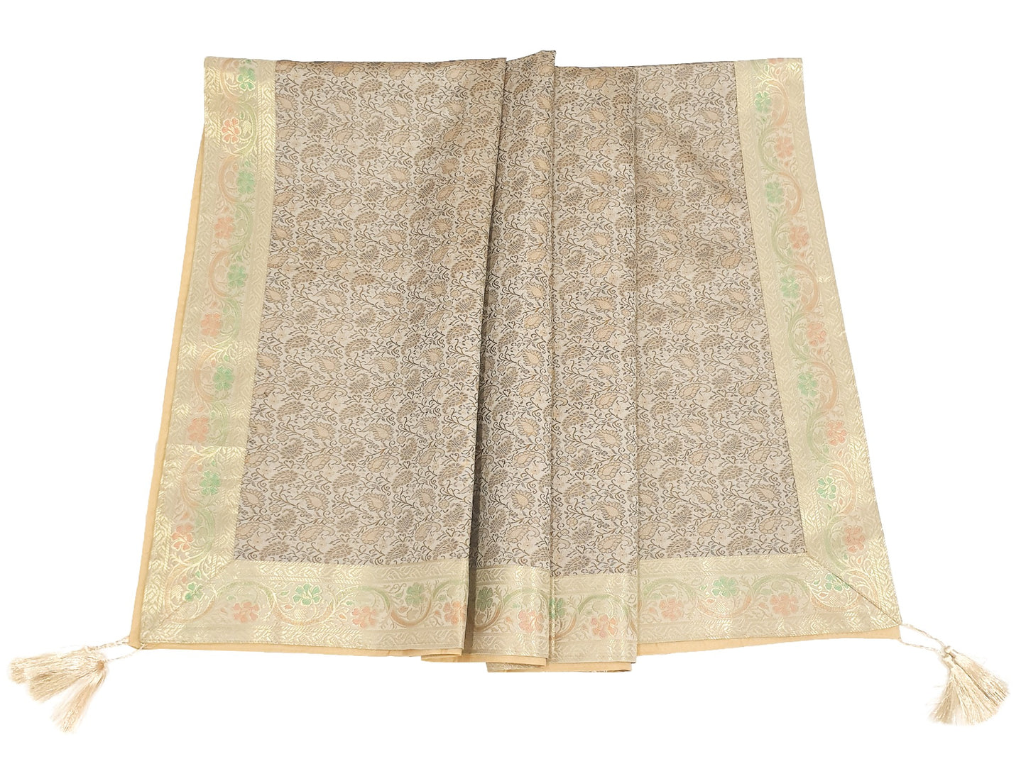 48"Square Banarasi Dining Table Top Cover Beige Indian Silk Woven Paisley Cloth
