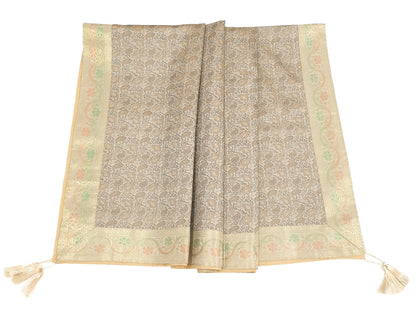 48"Square Banarasi Dining Table Top Cover Beige Indian Silk Woven Paisley Cloth