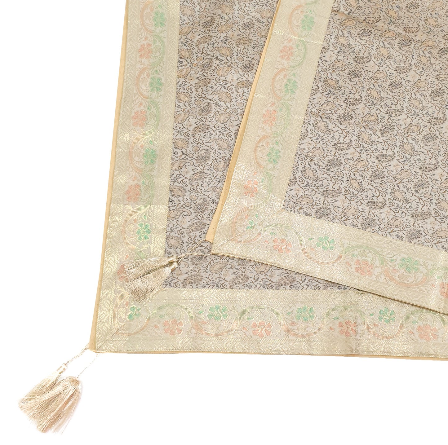 48"Square Banarasi Dining Table Top Cover Beige Indian Silk Woven Paisley Cloth