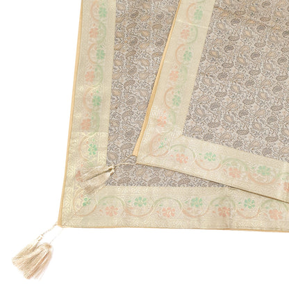 48"Square Banarasi Dining Table Top Cover Beige Indian Silk Woven Paisley Cloth