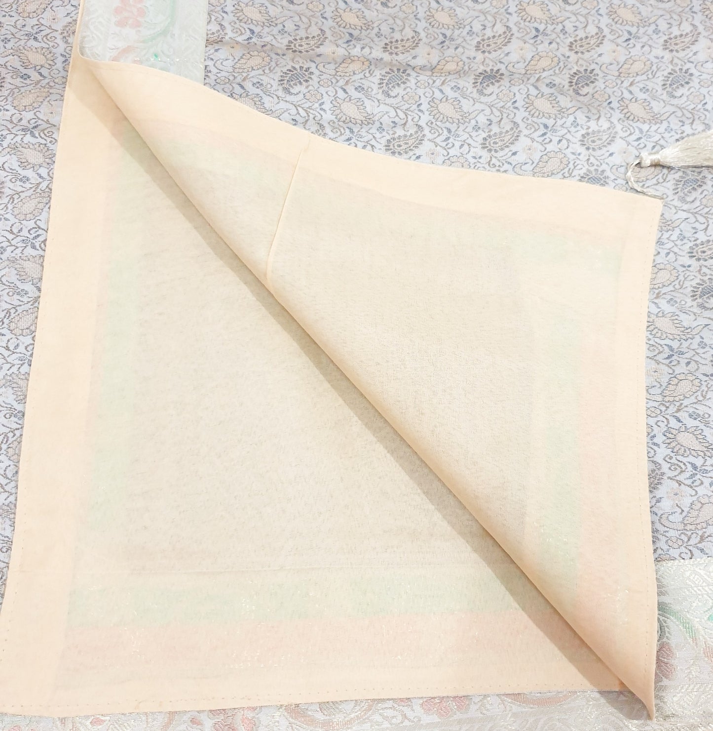 48"Square Banarasi Dining Table Top Cover Beige Indian Silk Woven Paisley Cloth