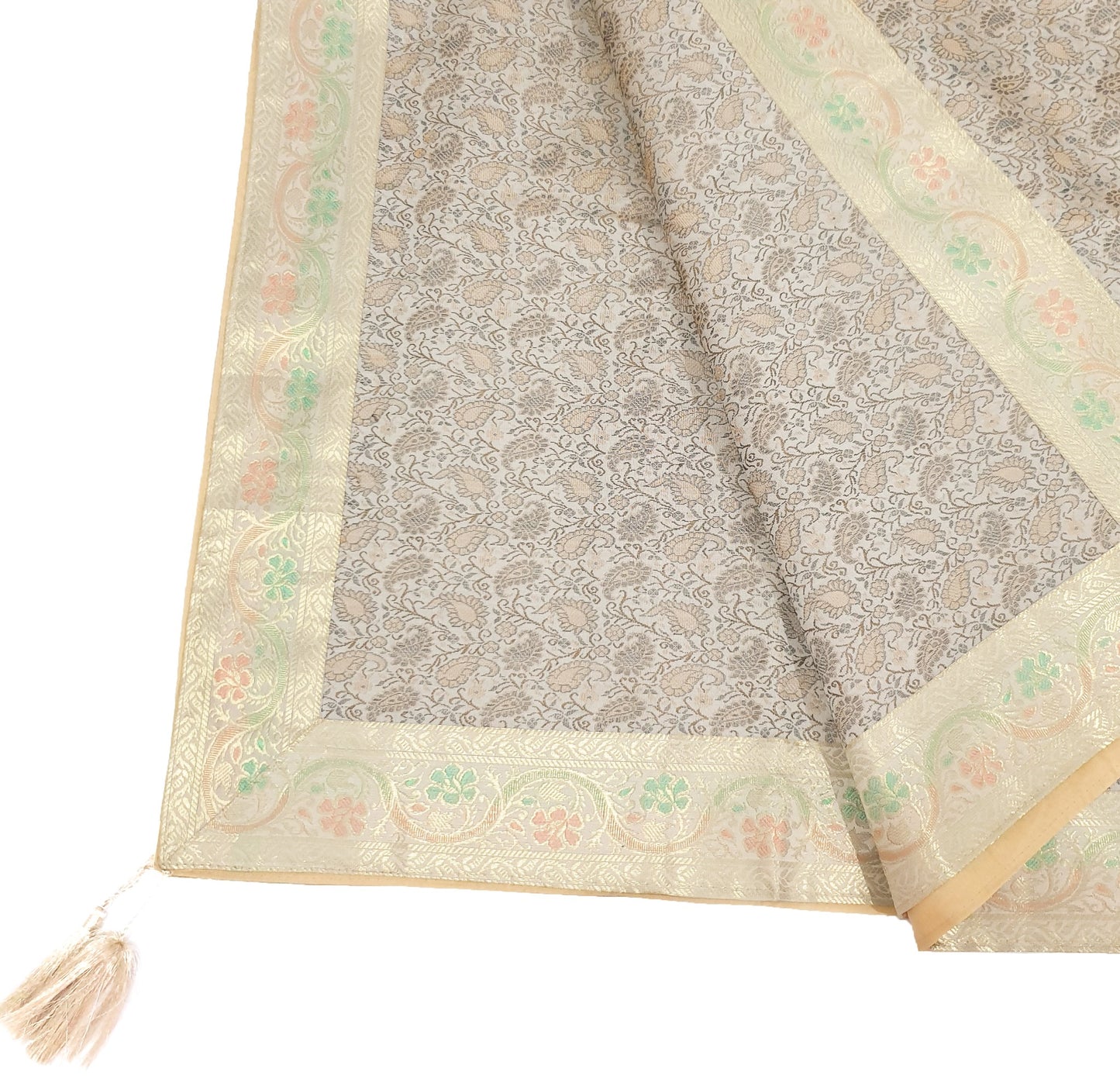 48"Square Banarasi Dining Table Top Cover Beige Indian Silk Woven Paisley Cloth