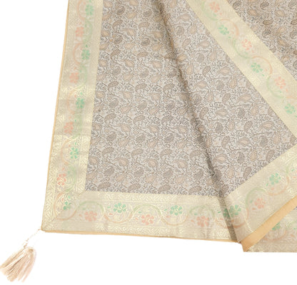 48"Square Banarasi Dining Table Top Cover Beige Indian Silk Woven Paisley Cloth