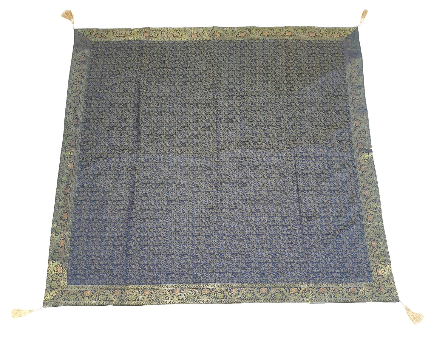 48"Square Banarasi Dining Table Top Cover Dark Blue Silk Woven Paisley Cloth