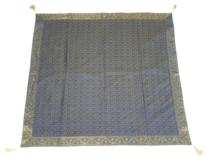 48"Square Banarasi Dining Table Top Cover Dark Blue Silk Woven Paisley Cloth