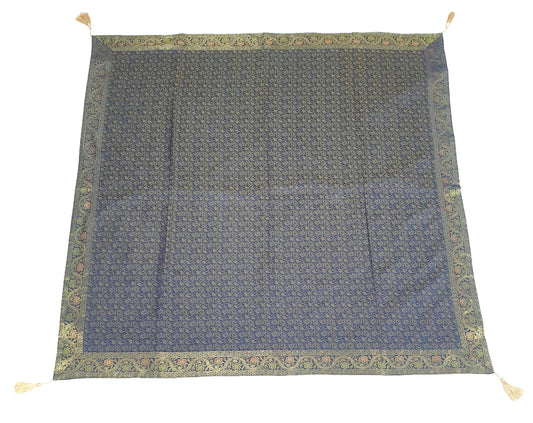 48"Square Banarasi Dining Table Top Cover Dark Blue Silk Woven Paisley Cloth