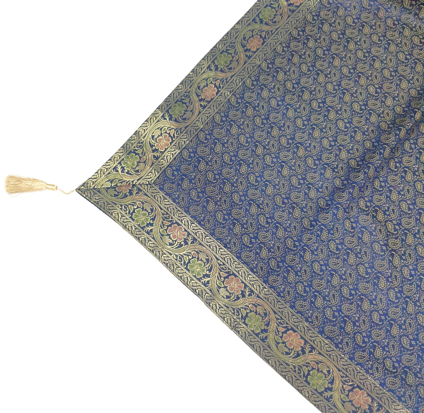48"Square Banarasi Dining Table Top Cover Dark Blue Silk Woven Paisley Cloth