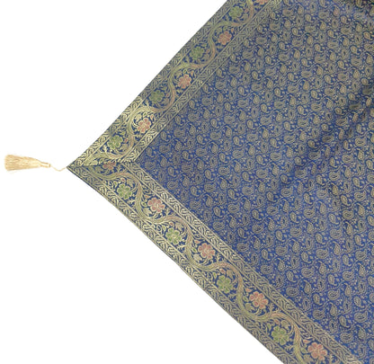 48"Square Banarasi Dining Table Top Cover Dark Blue Silk Woven Paisley Cloth