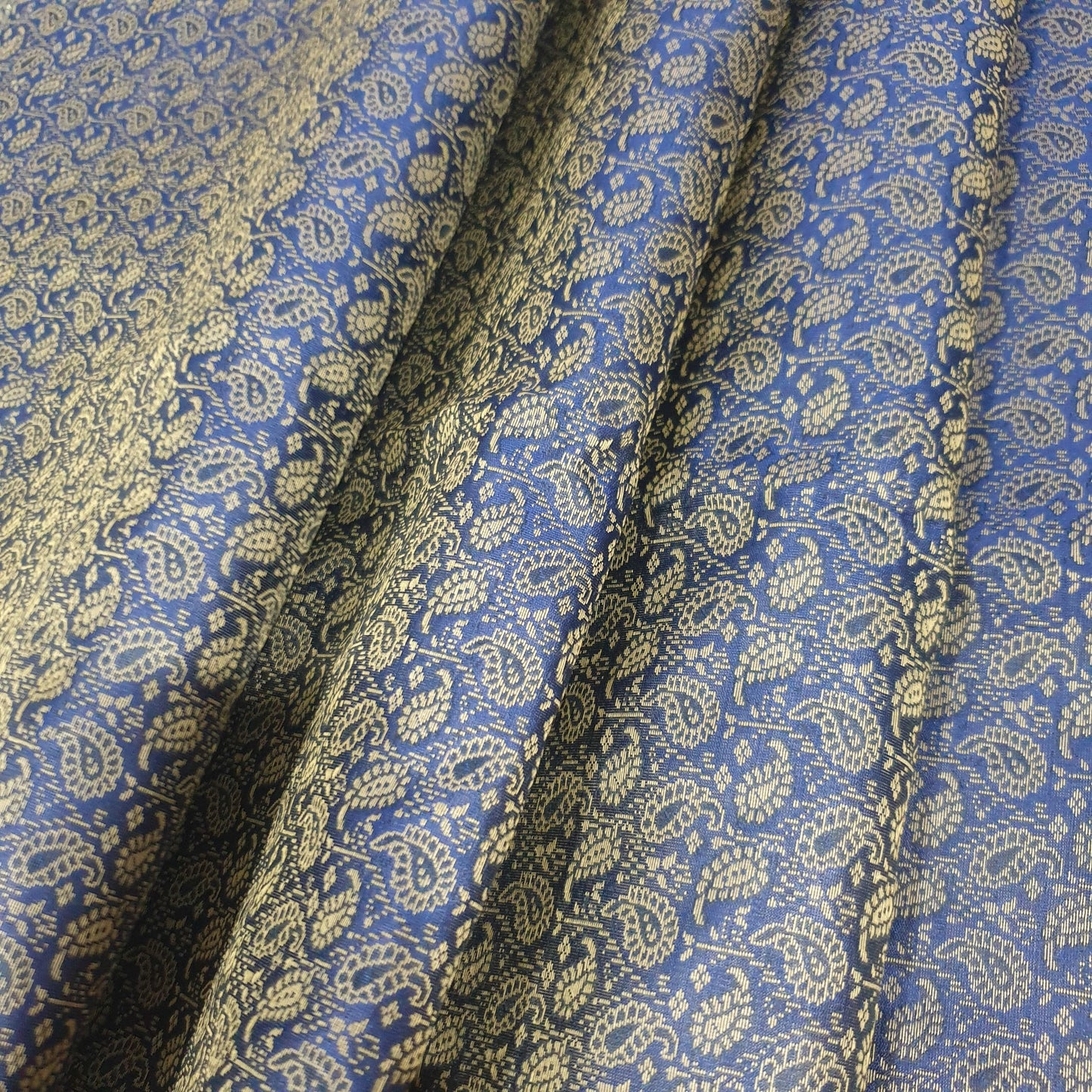 48"Square Banarasi Dining Table Top Cover Dark Blue Silk Woven Paisley Cloth