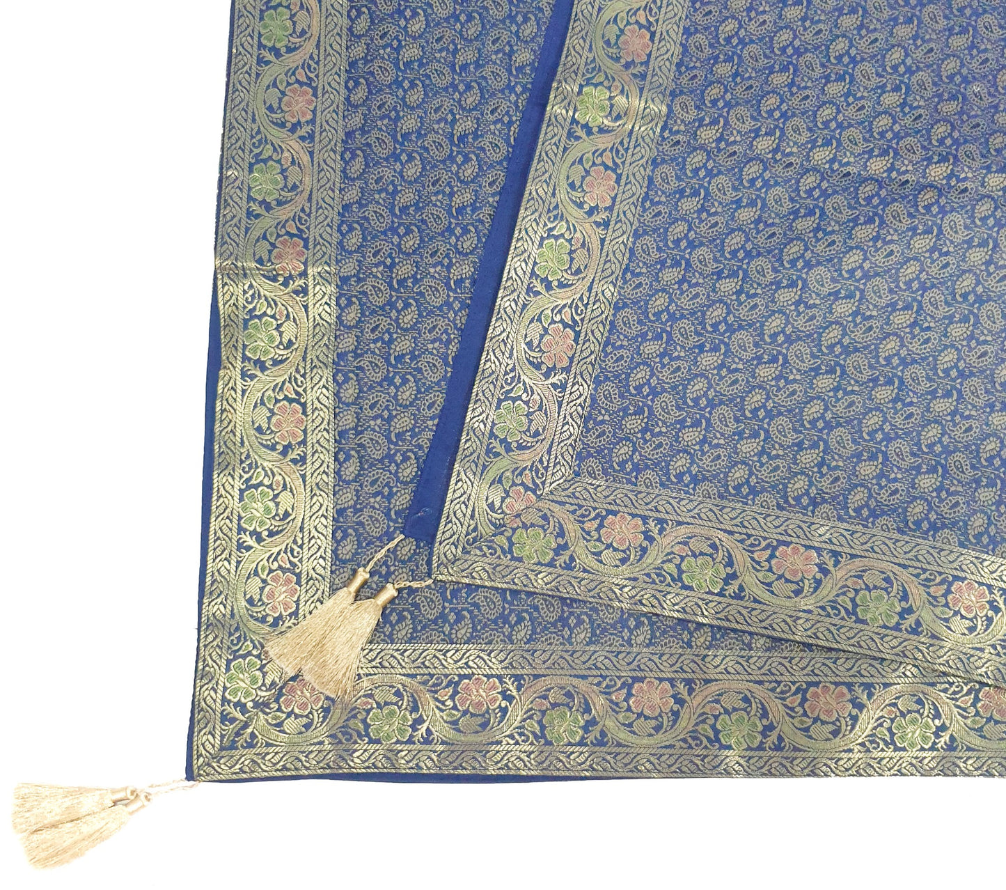 48"Square Banarasi Dining Table Top Cover Dark Blue Silk Woven Paisley Cloth