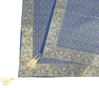 48"Square Banarasi Dining Table Top Cover Dark Blue Silk Woven Paisley Cloth