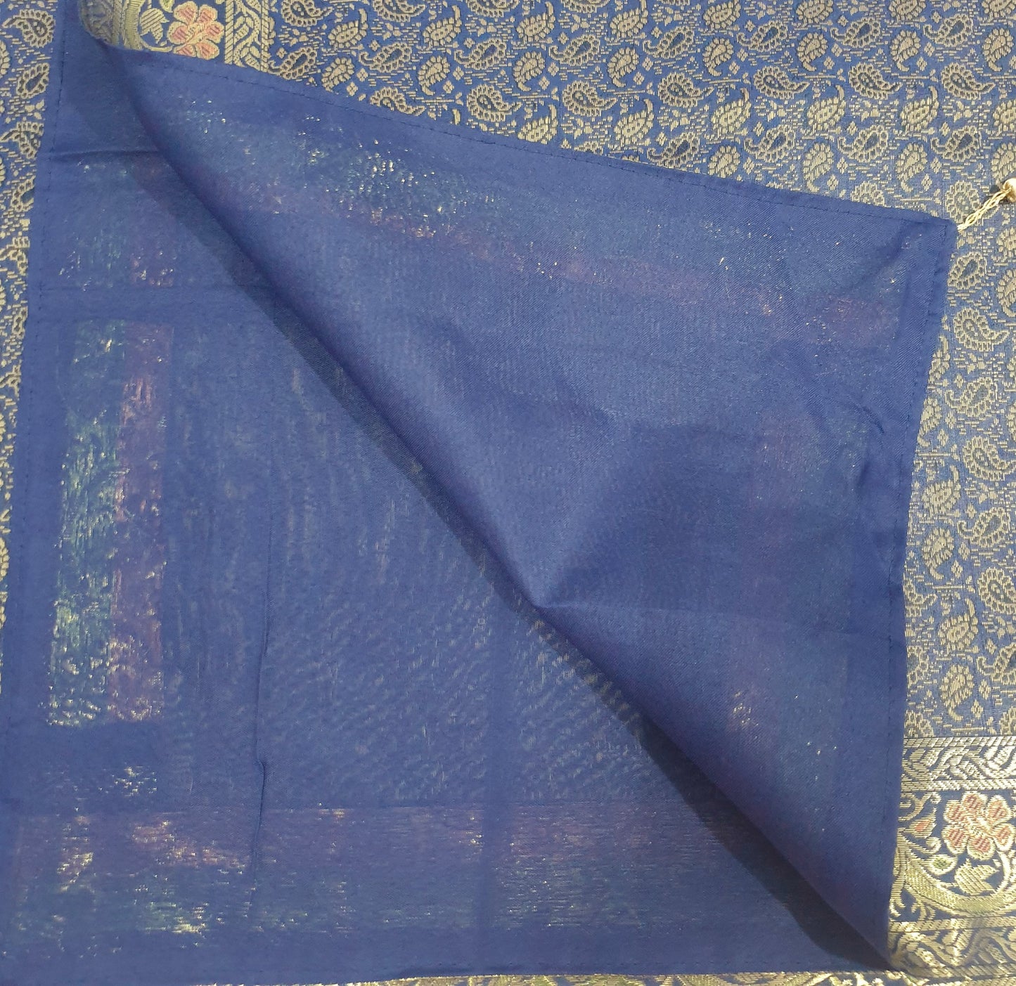 48"Square Banarasi Dining Table Top Cover Dark Blue Silk Woven Paisley Cloth