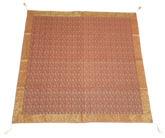 48"Square Banarasi Dining Table Top Cover Rust Indian Silk Woven Paisley Cloth