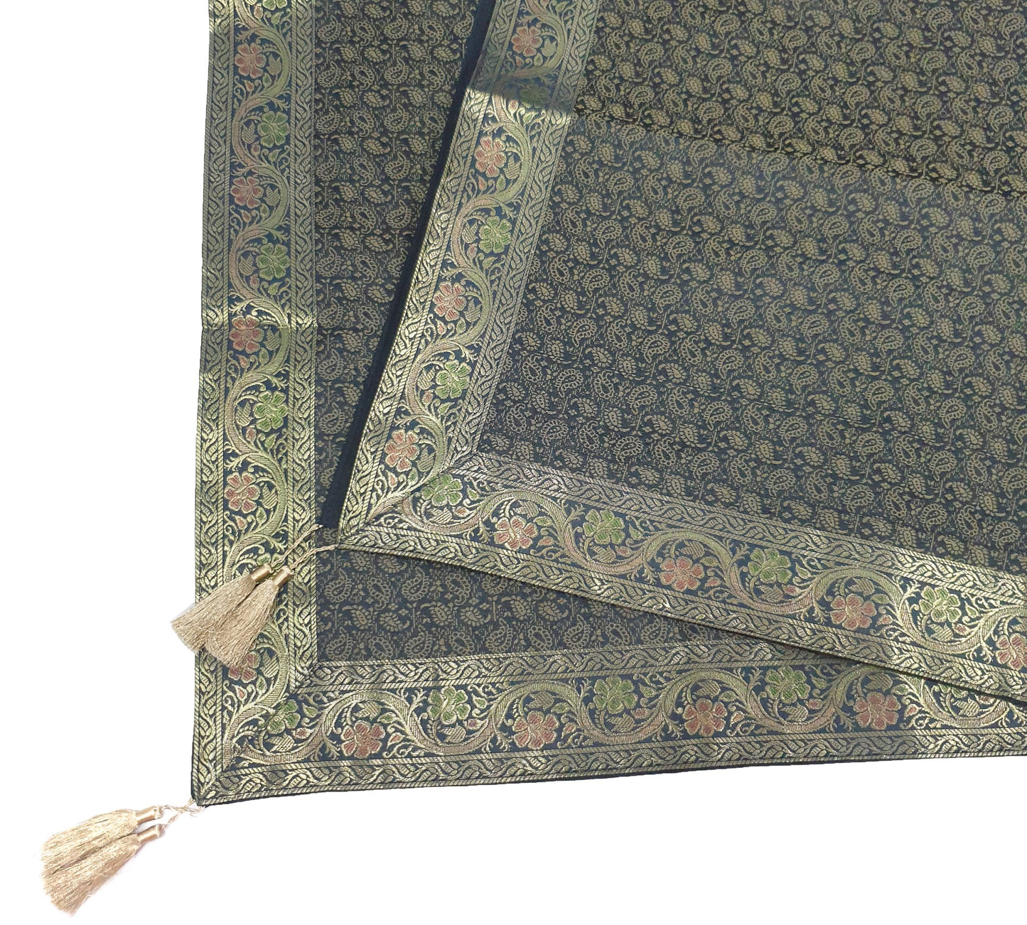 48"Square Banarasi Dining Table Top Cover Black Indian Silk Woven Paisley Cloth
