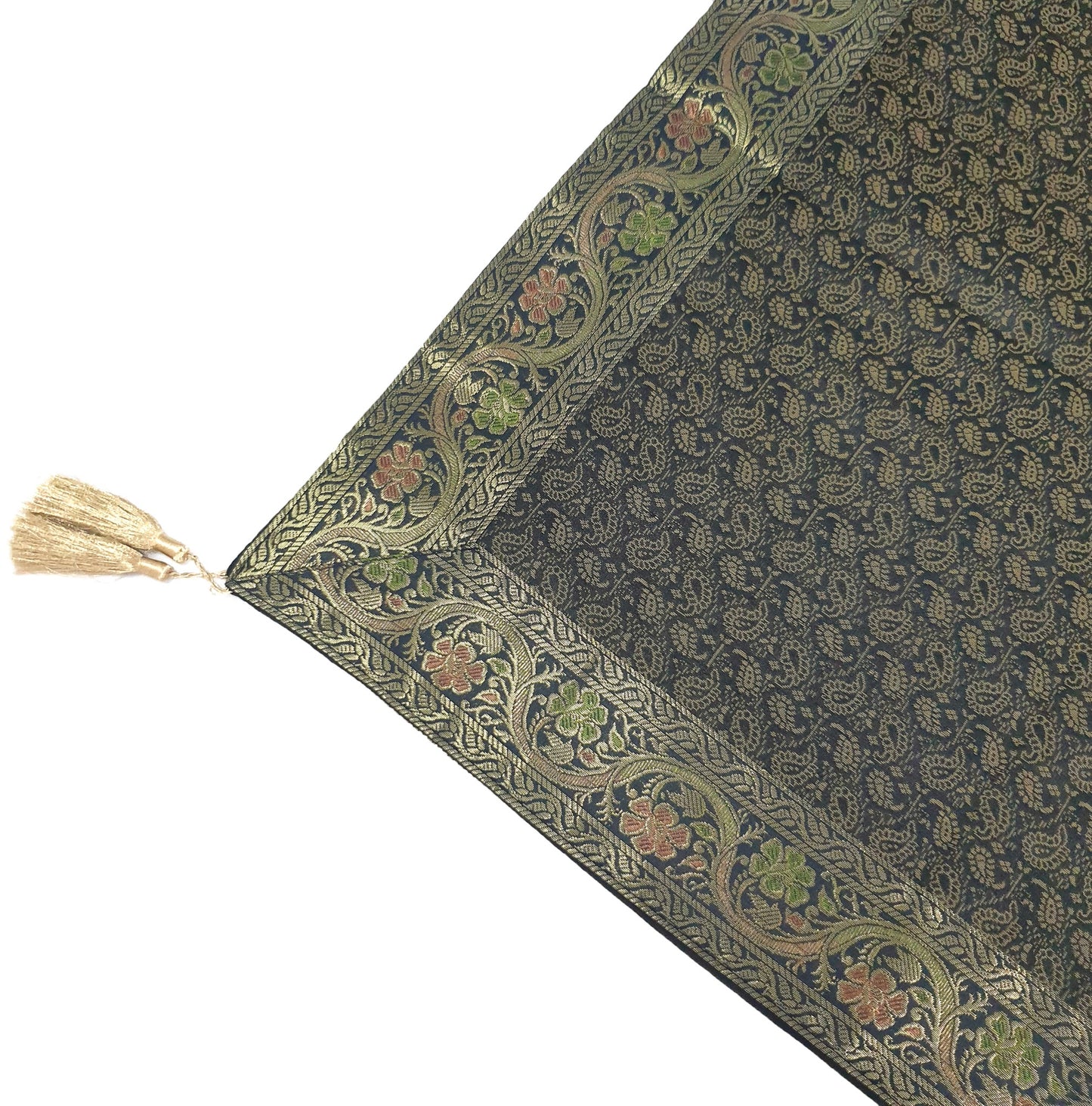 48"Square Banarasi Dining Table Top Cover Black Indian Silk Woven Paisley Cloth