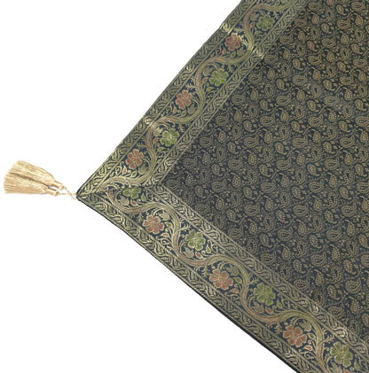48"Square Banarasi Dining Table Top Cover Black Indian Silk Woven Paisley Cloth
