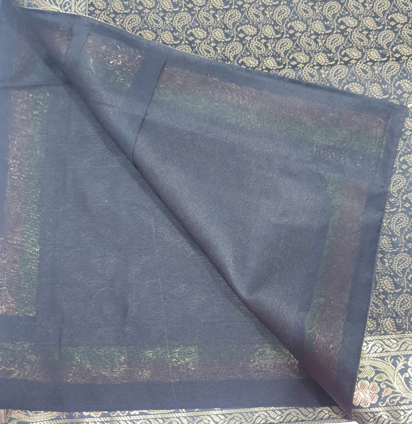 48"Square Banarasi Dining Table Top Cover Black Indian Silk Woven Paisley Cloth