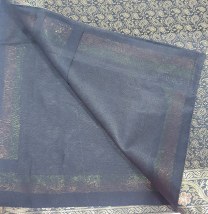 48"Square Banarasi Dining Table Top Cover Black Indian Silk Woven Paisley Cloth
