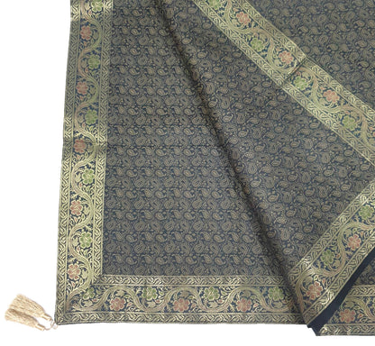 48"Square Banarasi Dining Table Top Cover Black Indian Silk Woven Paisley Cloth
