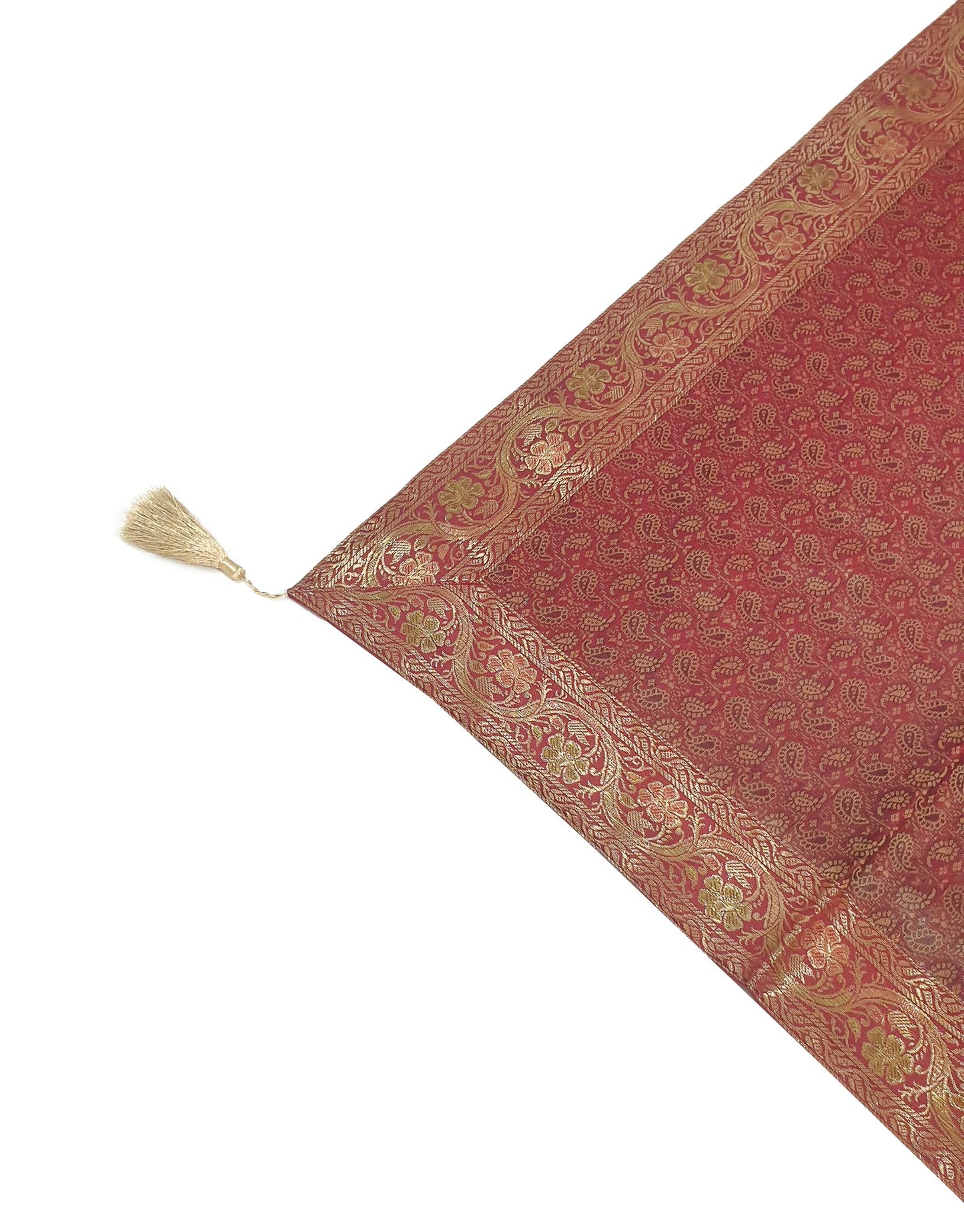 48"Square Banarasi Dining Table Top Cover Maroon Indian Silk Woven Paisley Cloth