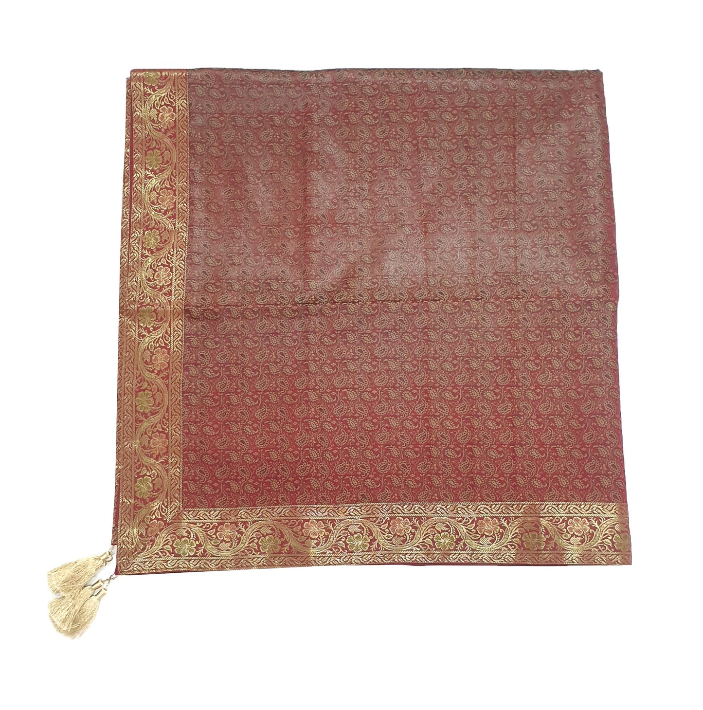 48"Square Banarasi Dining Table Top Cover Maroon Indian Silk Woven Paisley Cloth
