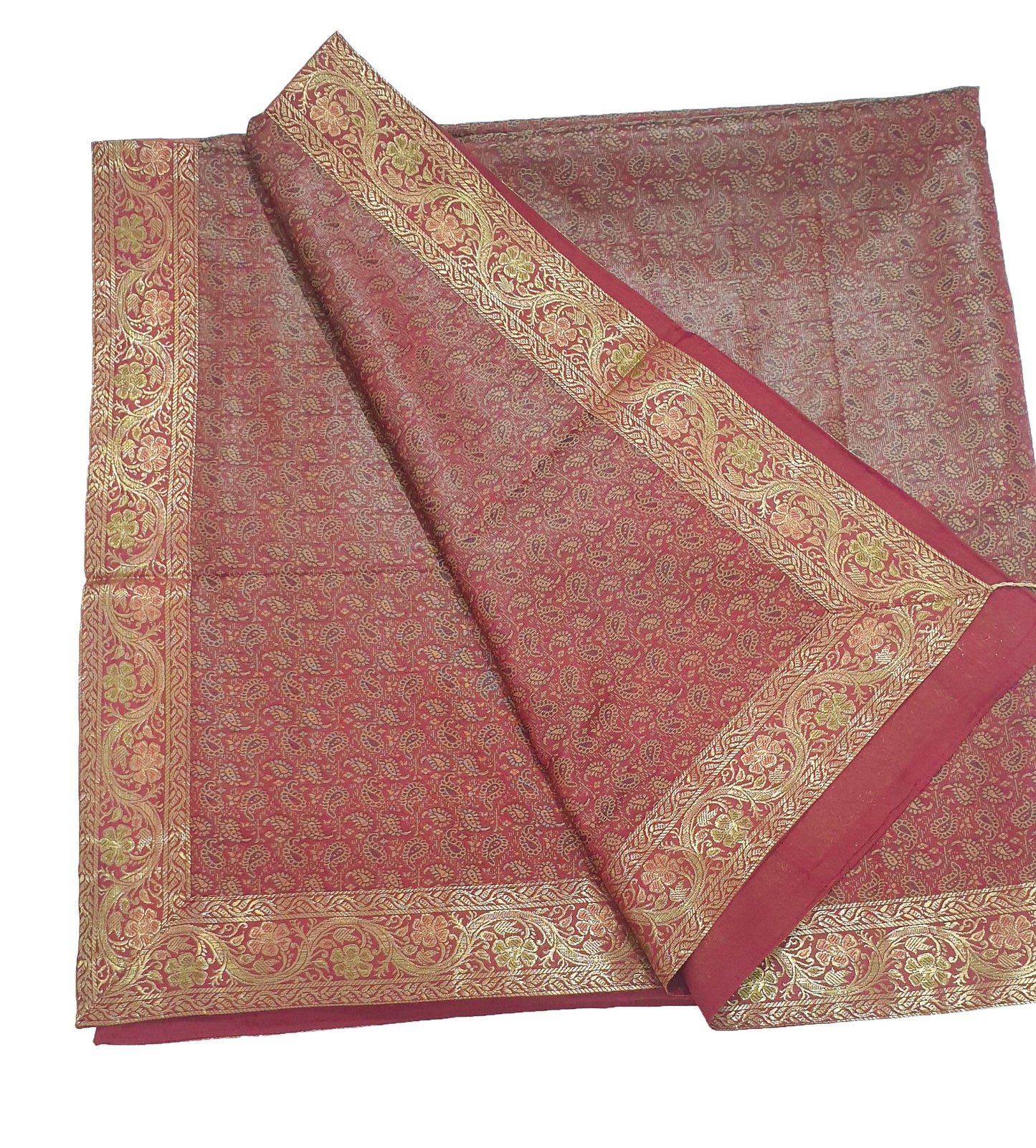 48"Square Banarasi Dining Table Top Cover Maroon Indian Silk Woven Paisley Cloth