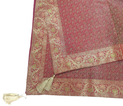 48"Square Banarasi Dining Table Top Cover Maroon Indian Silk Woven Paisley Cloth