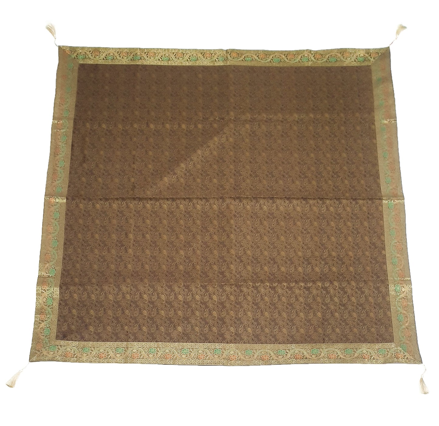 48"Square Banarasi Dining Table Top Cover Coffee Brown Silk Woven Paisley Cloth