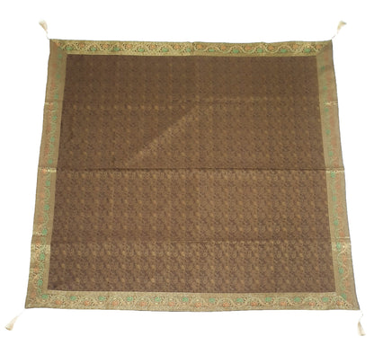 48"Square Banarasi Dining Table Top Cover Coffee Brown Silk Woven Paisley Cloth